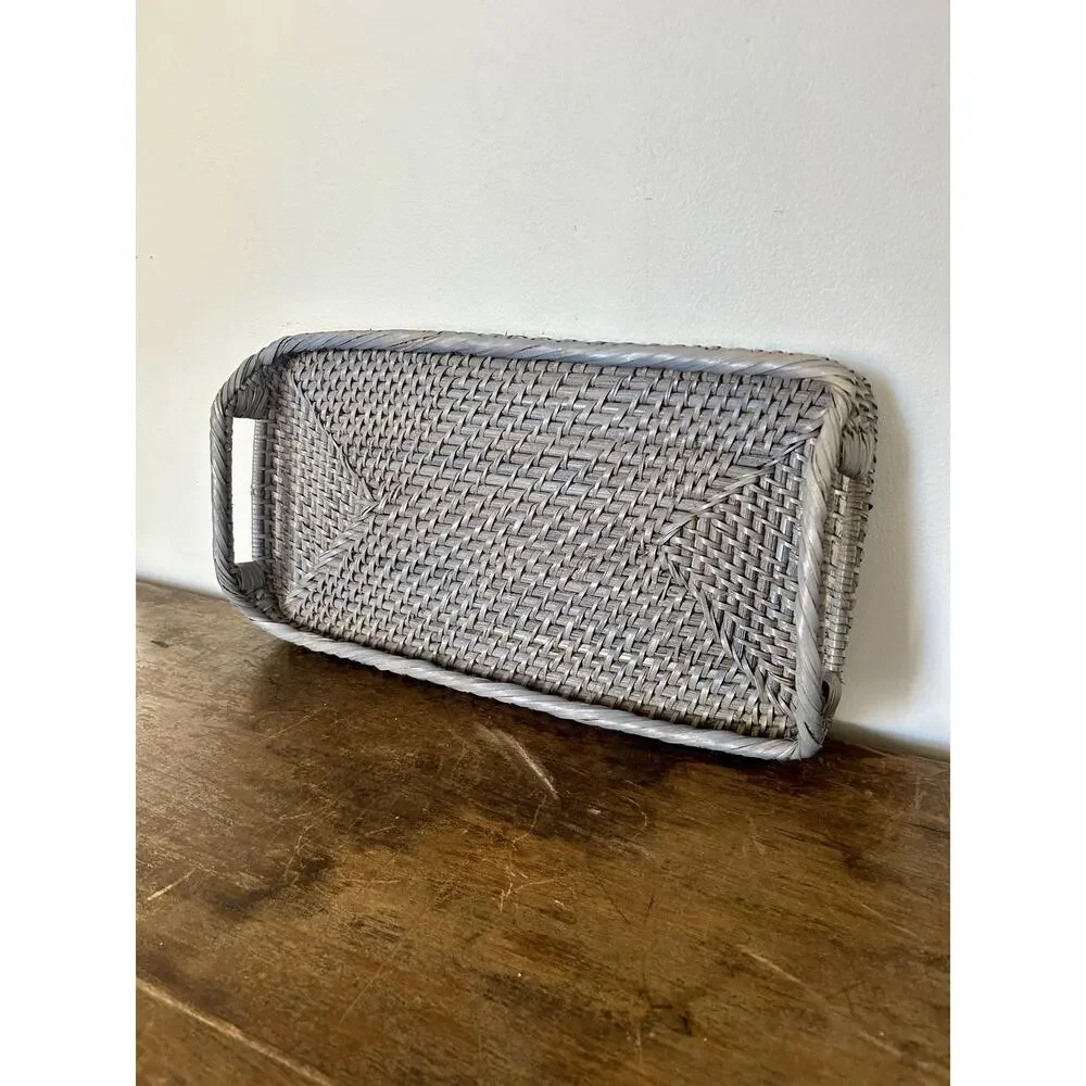 Vintage Grey Painted Rectangular Tray Basket with Handles, Cottagecore Farmhouse